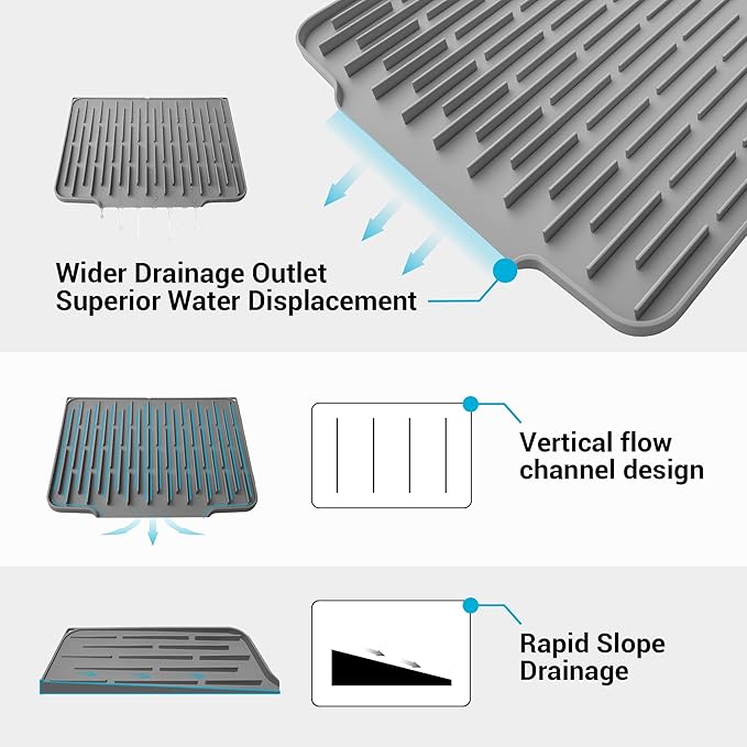 Silicone Dish Drying Mat for Kitchen Counter, Foldable & Heat Resistant Drying Pad with 5° Slope & Wide Drain, 15x12 Inch Non-slip Sink Mat for Bathroom and Countertop.(Dark Grey）