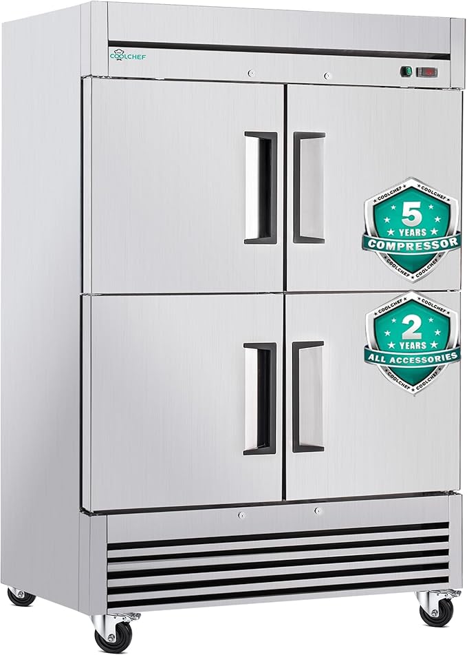 54" Commercial Refrigerator 49 Cu.Ft, Stainless Steel Half-Door Reach-in Fridge, 33-40℉, Air Cooling, LED Light, 6 Shelves, R290, ETL