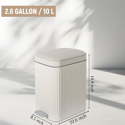 Small Bathroom Trash Can with Lid, 2.6 Gallon Slim Soft Close Step, Cream | - Image 7