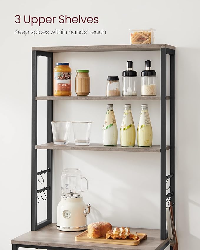 VASAGLE Coffee Bar, 23.6 Inches Baker's Rack for Kitchen with Storage, 6-Tier Kitchen Shelves with 6 Hooks, Microwave Stand, Industrial, Heather Greige and Ink Black UKKS024B02