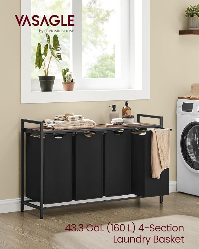 VASAGLE Laundry Hamper with Shelf, 4 Pull-Out Bags, 4 x 10.6 Gallons - Image 3