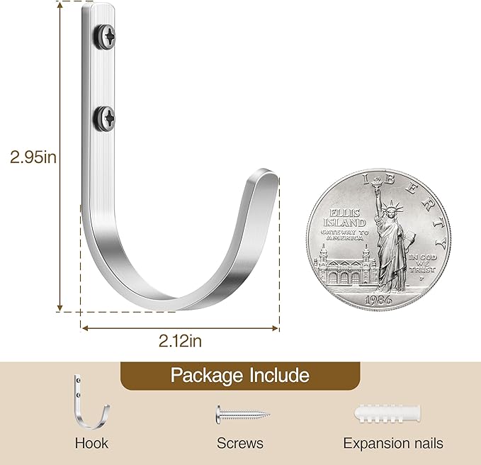 22LB Wall Hooks for Hanging Towel/Coat, Brushed Nickel 5 Pack | Screw in Metal - Image 3