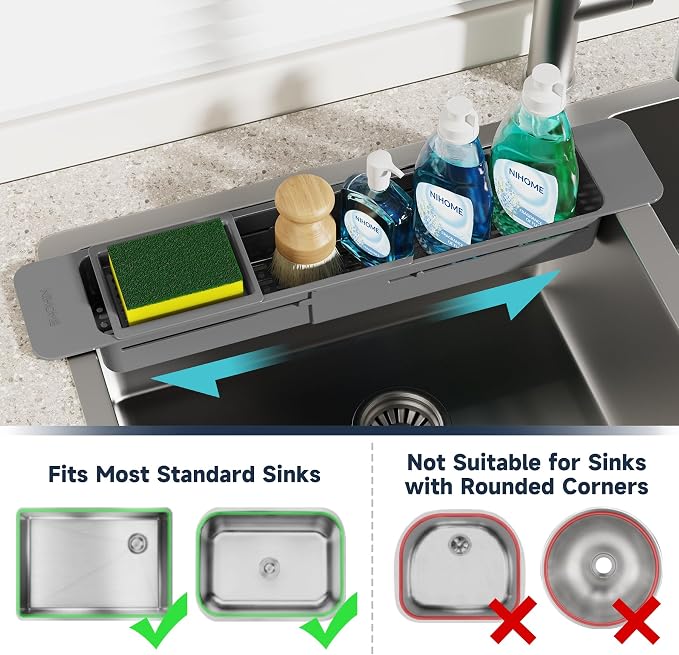 NiHome Extendable Kitchen Sink Caddy Extra Long Brush Sponge Storage Holder - Image 5