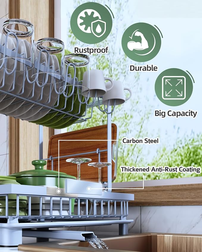 2-Tier Dish Drying Rack for Kitchen Counter, Space-Saving, Auto Drain Spout - Image 4
