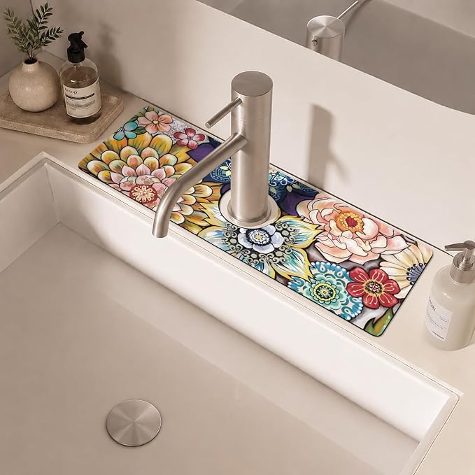 Boho Colorful Mandala Flower Kitchen Sink Splash Guard Faucet Mat, Faucet - Image 6