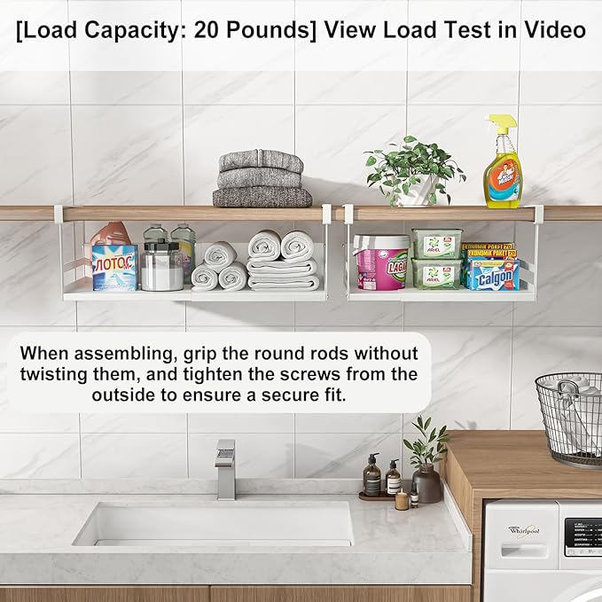 Expandable Under Cabinet Shelf Organizer with 1.25 Inches Thick Clips, Heavy Duty Extendable Under Shelf Storage Basket for Pantry or Laundry Room, White, 1 Pack, Interior: 5.7" H x 8.54" D