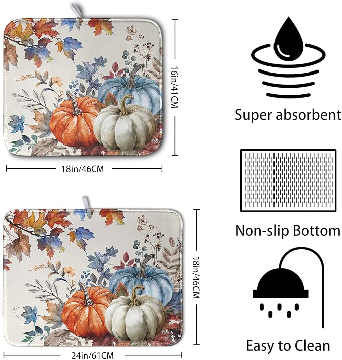 Fall Blue Orange Pumpkin Dish Drying Mat - Image 2