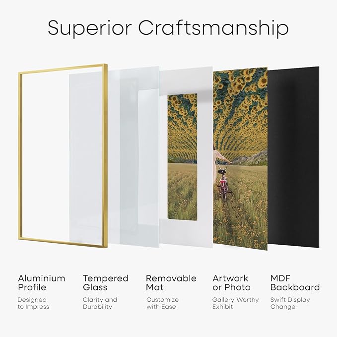 Homeforia 9x12 Gold Frame, High End Metal 9 x 12 Picture Frames with Mat 7 by 10 inch Photo, 9by12 Thin Poster Frame Matted to 7x10 Art, 12x9 Wall or Tabletop Frame, Tempered Glass, Wall Kit, Set of 4