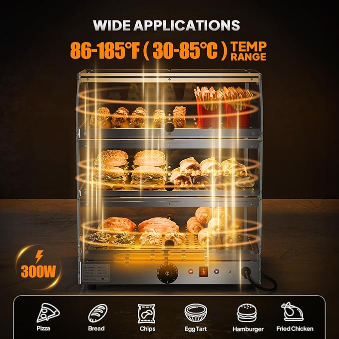 Bonnlo Commercial Food Warmer Display Pizza Warmer, 3-Tier Electric Countertop Food Warmer with LED Acrylic Door Removable Shelves Temp Control, Food Display Warmer for Buffet Restaurant, 120V 500W