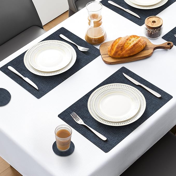 MOSAYT Faux Leather Placemats Set of 6, Heat Resistant Wipeable Washable Vinyl Place Mats with Coasters, Waterproof Oil Proof Table Mats for Kitchen Dining Party Outdoor, 12" x 17", Navy Blue