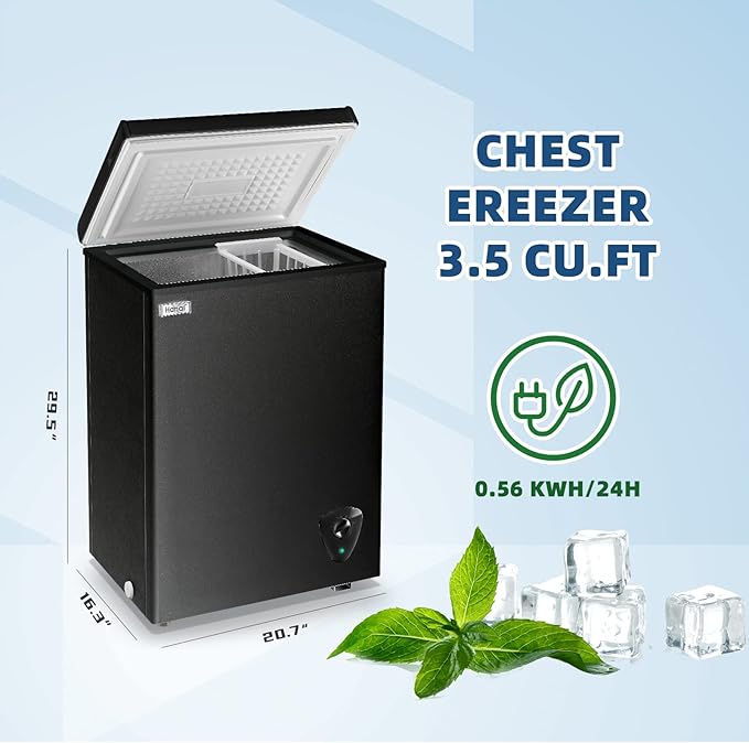 WANAI Chest Freezer Small Deep 3.5 Cu.Ft Black Mini Freezers Top Door Adjustable 7 Thermostat and Removable Basket Open Garage Basement Apartment Kitchen Business Office RV (BCBD-63)