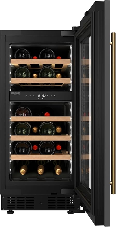 KoolMore Reserve 15 in. Under-Counter Panel Ready Dual Zone Built-in Wine Cooler with 23 Bottle Capacity and Wooden Shelves in Black, ETL Listed (KM-CW28DZ-WPR)