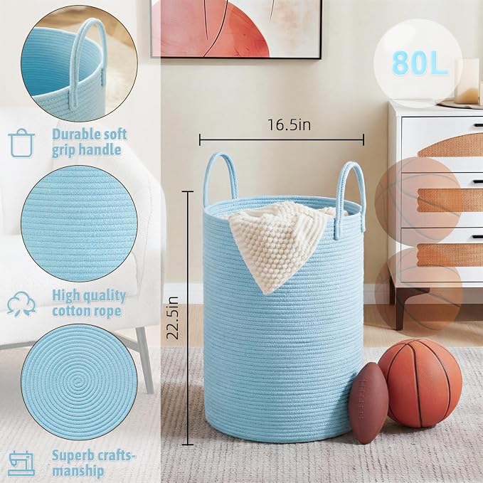 Laundry Basket, Woven Cotton Rope Laundry Hamper, 80L - Image 6