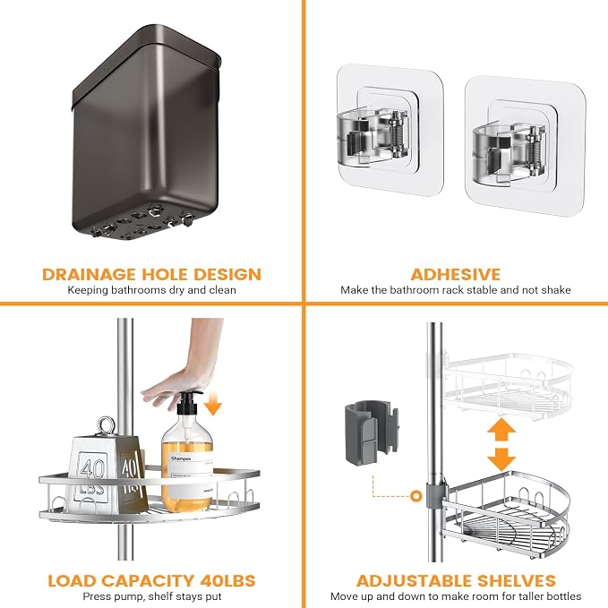 Adjustable Tension Pole Shower Caddy: Rustproof Corner Bathroom Organizer - Image 5