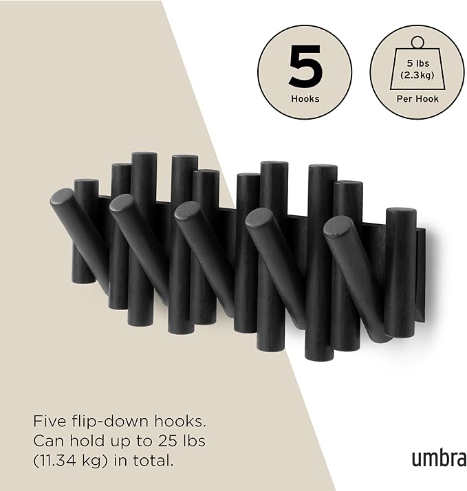 Umbra Picket Coat Rack, Wall Mount 5 Flip-Down Coat Hooks - Image 5