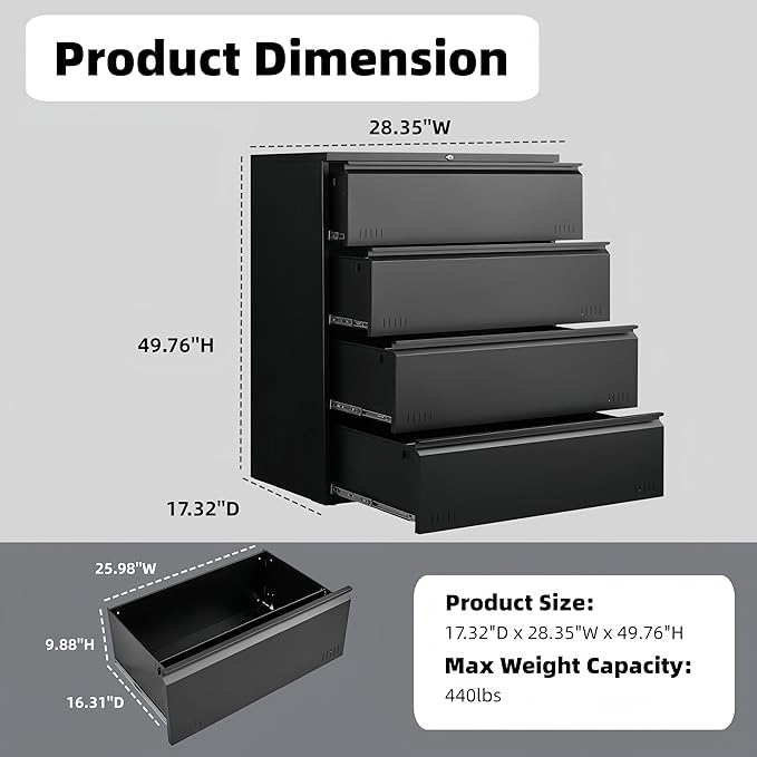 Lateral 4 Drawer File Cabient with Lock, Metal Filing Cabinets for Home Office, Heavty Duty Office Storage Cabinet for A4/Letter/Legal (Matte Black)