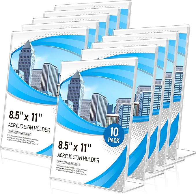 Acrylic Sign Holder 8.5 x 11 10 Pack, Double-Sided Clear Sign Holder Plastic Stands for Display, Table Sign Stands, L Shape Flyer Holder