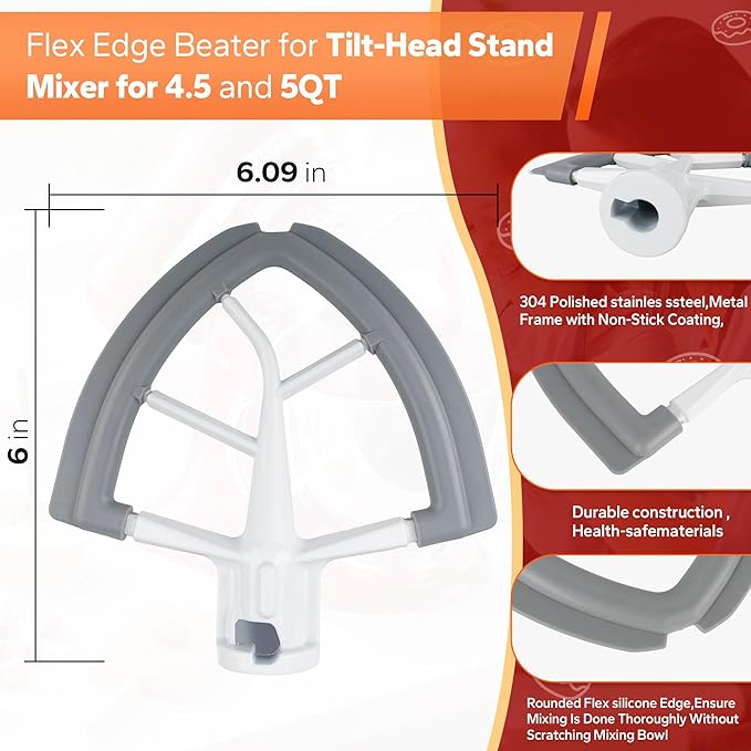 Flex Edge Beater for KitchenAid,4.5-5 Quart Mixer Compatible With kitchen Aid Accessories and Attachments, Mixer Attachement Fits Tilt-Head Stand Mixer Bowls,With Soft Silicone Edges,Grey