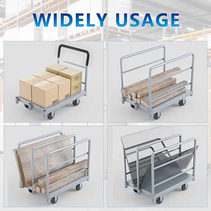 Steel Panel Cart, Lumber cart with Flexible＆Quiet Wheels, Heavy Duty Drywallcart with 1Front and 3Side Handrails, 2500 LBS Industrial Grade Weight Capacity