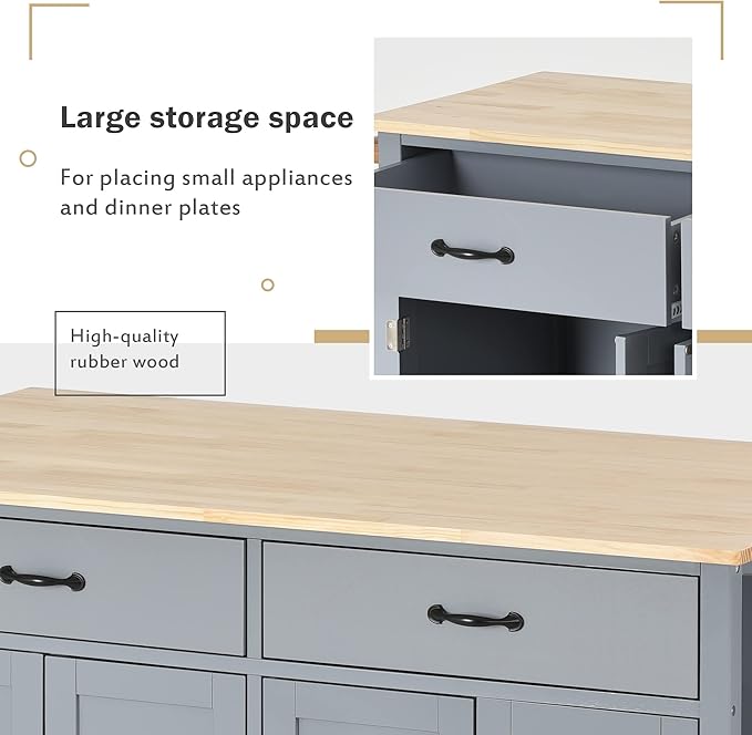 Favfurish Kitchen Island Cart on Locking Wheels with 4 Cabinet and 2 Drawers, Rolling Coffee Bar Trolley w/Solid Wood Tabletop, Adjustable Shelves, Spice & Towel Side Rack, for Dining Room, Gray