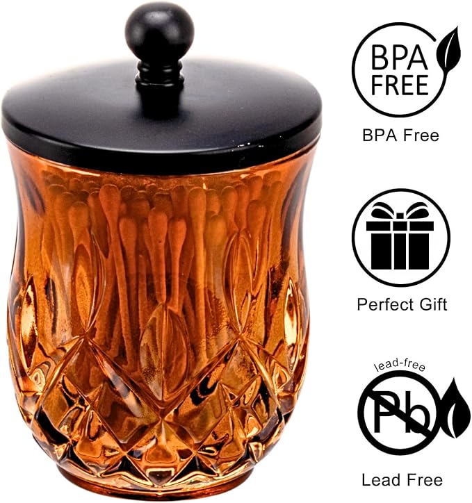 10Oz Amber Q-Tip Holder, Round Thick Glass & Zinc Alloy Lid - Image 7