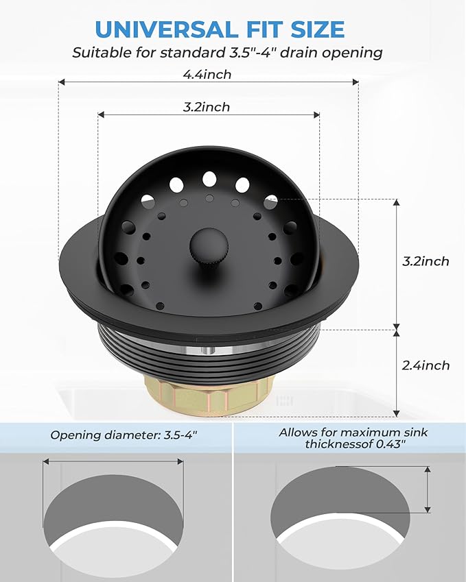 3-1/2 Inch Kitchen Sink Drain with Strainer Stopper Drain Assembly Removable Basket Strainer Plug fit Standard Sink Drain Hole, Stainless Steel (Matte Black)