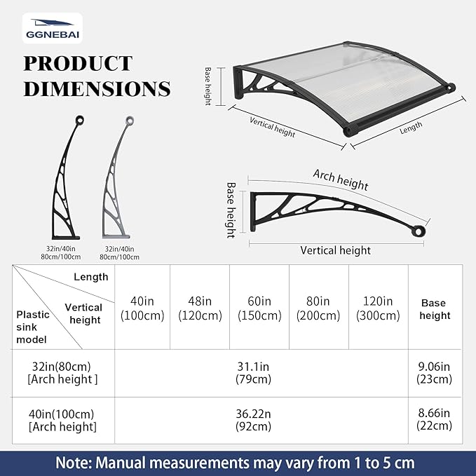 Awning for Door Entrance with Drainage Sink,32x60 Inch Awnings for Doors,Window Canopy Exterior with Plastic Steel Bracket,Polycarbonate Cover,UV,Rain,Snow Protection for House,Porch,Patio,Deck