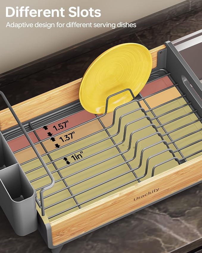 Urackify Modern Dish Rack for Kitchen Counter, Stainless Steel & Bamboo - Image 7