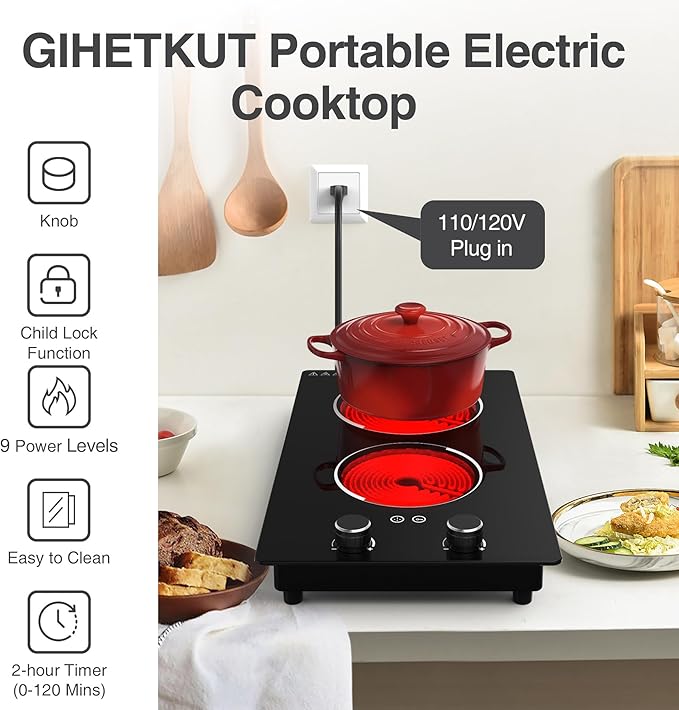 Electric Cooktop,110V 2100W Electric Stove Top with Knob Control, 10 Power Levels, Kids Lock & Timer, Hot Surface Indicator, Overheat Protection,Built-in Radiant Double induction cooktop