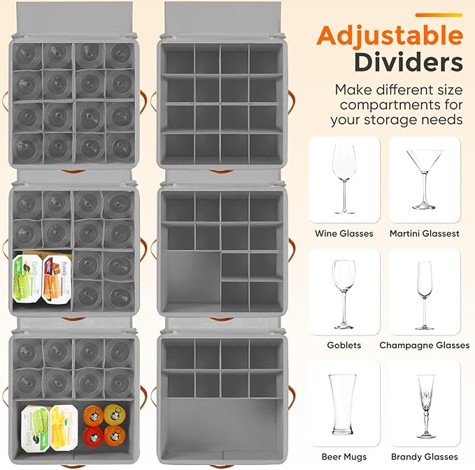 Wine Glass Storage Box with Dividers, 2 Pack Glassware Storage Containers, Stemware Storage Cases Holds 32 Wine Glasses, Stackable Crystal Storage Containers with Clear Cover for Moving，Gray