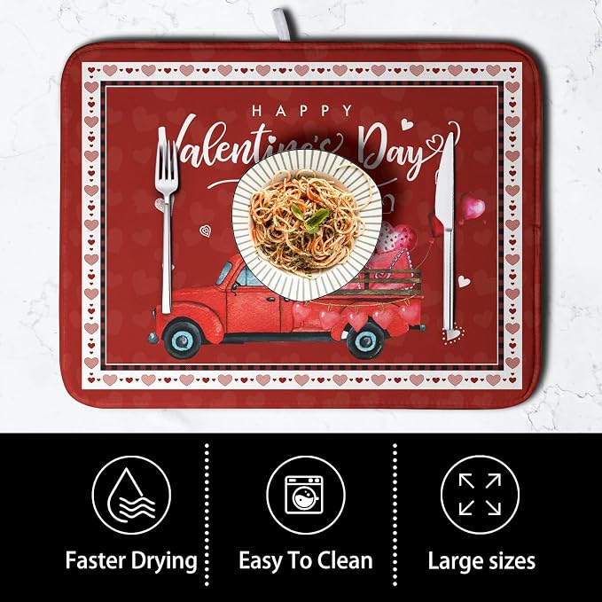 Valentine Red Truck Love Heart Dish Drying Mat 16x18 Inch Happy Valentine's Day - Image 4