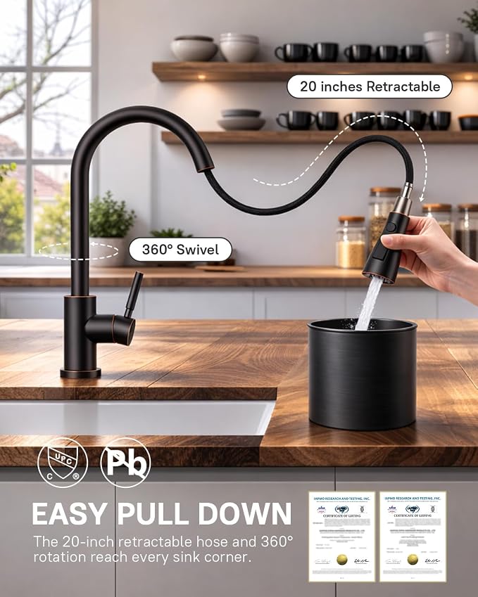 WEWE Pull-Down Kitchen Faucet, 3-Mode Sprayer, Oil Rubbed Bronze, High Arc | - Image 3
