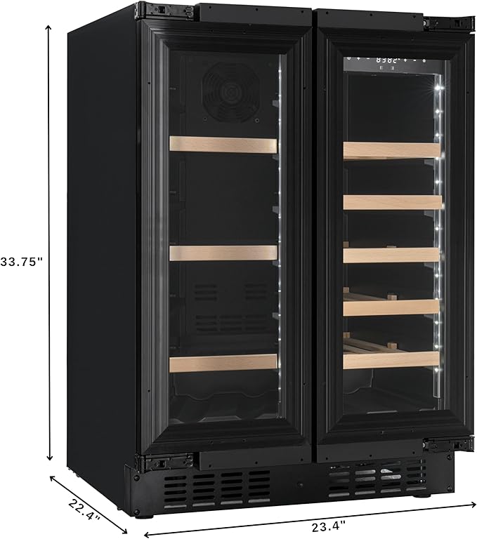 KoolMore Reserve 24 in. French Door Dual Zone Panel Ready Under-Counter Cooler with Wooden Shelves and 20 Bottle Capacity in the Right Zone and 2.1 Cu. Ft. on the Left in Black (KM-CWB24-WPR)