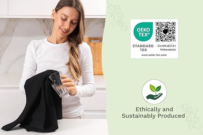Organic Cotton Black Tea Towels - 100% Cotton, 10-Pack, Reusable and Washable Flour Sack Towels for Kitchen - Extra Large 27"x27", Durable Dish Towels with Hanging Loop (Black)