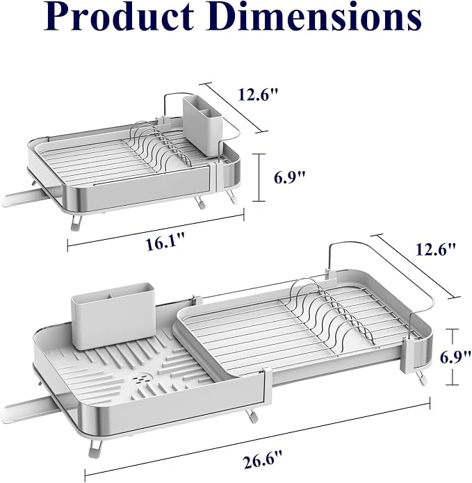 Kitsure Expandable Metal Dish Drying Rack, 16.1-26.6" L x 12.6" W, Auto-Drain - Image 3