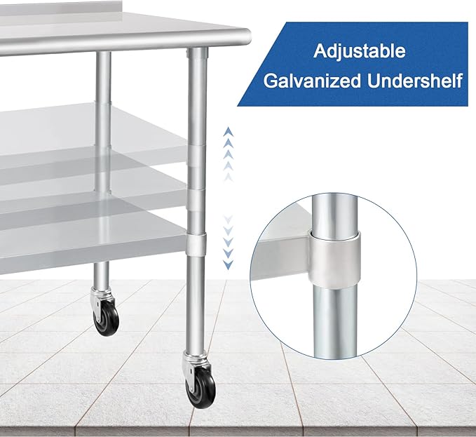HARDURA Stainless Steel Table 30 x 60 Inches with Wheels Casters NSF Heavy Duty Commercial Prep Table with 2” Backsplash and Adjustable Undershelf for Restaurant Kitchen Home and Hotel