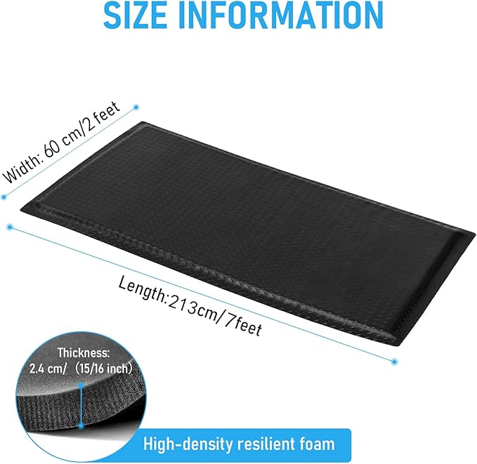 2 x 7 FT Anti Fatigue Mats Industrial 15/16 Inch Thick Soft Sponge Ergonomic Mat Durable Heavy Duty Diamond Plate for Standing Non Slip Industrial Grade Floor Mat for Leg & Back Pain (Black)