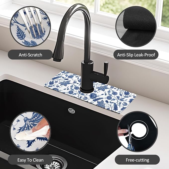 15" X 5.5" Kitchen Sink Splash Guard Faucet Mat Floral Super Absorbent Fast - Image 6