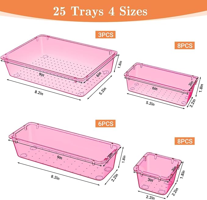 SpaceHacks 25 PCS Plastic Drawer Organizer, 4-Size Versatile Organizer Trays & - Image 2
