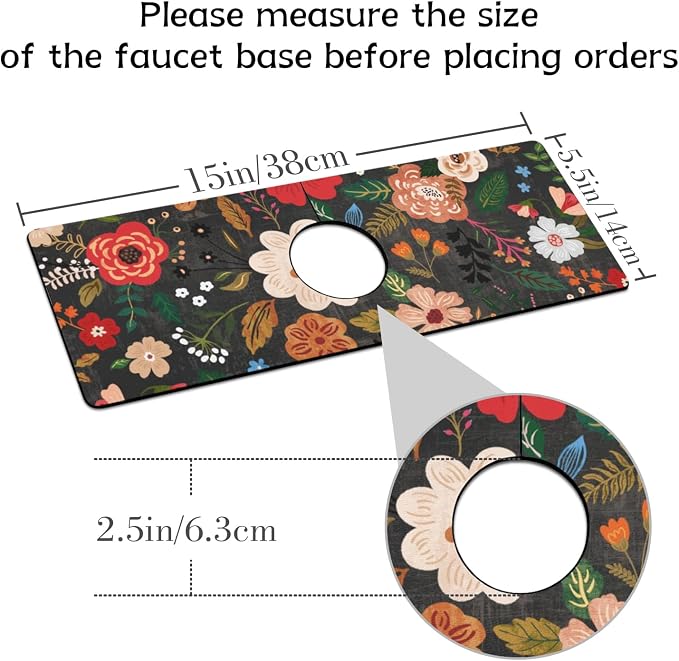 Boho Black Flowers Kitchen Sink Splash Guard Faucet Mat, Faucet Non-Slip - Image 2