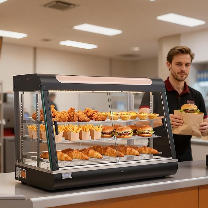 VEVOR 3-Tier Commercial Food Warmer Display, 1400W Food Display Warmer with LED Light, Top Storage and Adjustable Shelves, 86℉~185℉ Steam Heating, 137Qt/130L for Hamburger, Pizza, Bread, Fried Chicken