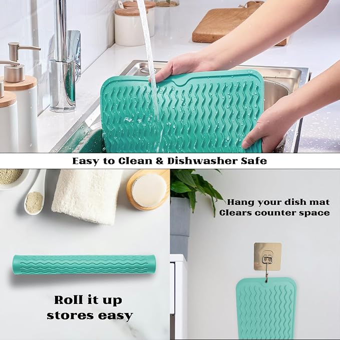 ZLR Small Dish Drying Mat for Kitchen Counter, Mint Green | Narrow Silicone - Image 4