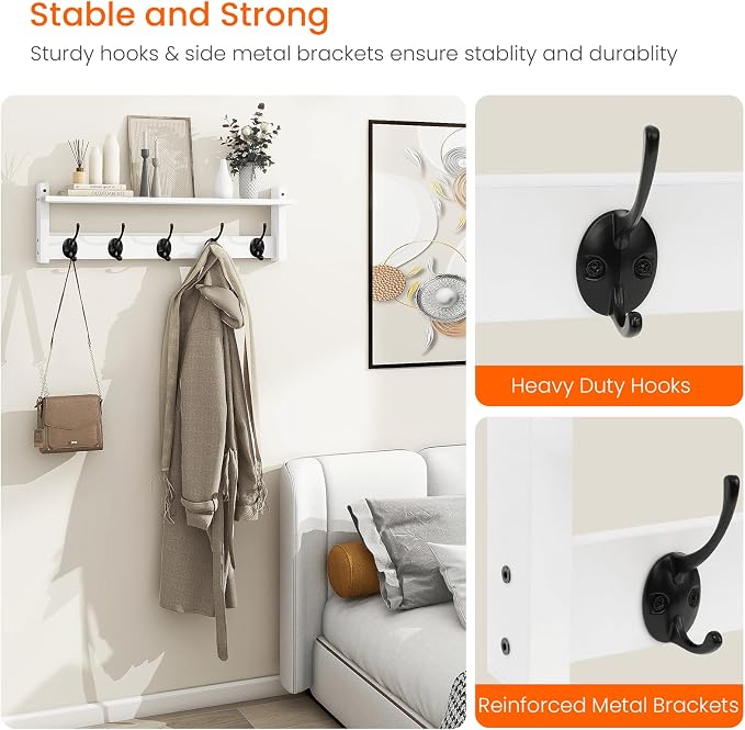 Coat Rack with Shelf Wall Mount, 24 Inch Long Wall Shelf with Hooks Underneath - Image 4