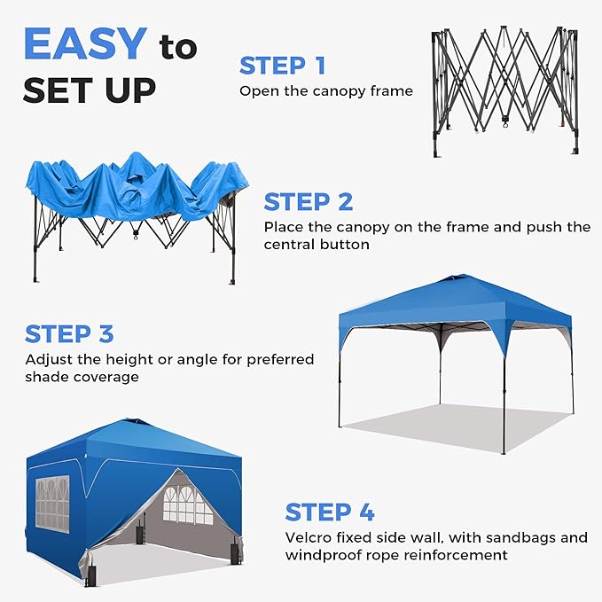 Saemoza 12x12 Pop Up Canopy Tent with One Push Setup, Outdoor Sun Shade Canopy with Vent Top for Backyard Party, Easy Up Instant Shelter with 4-Sandbags & Wheel Bag, Blue.