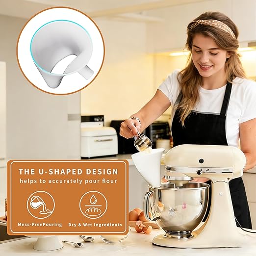Flour Funnel for Kitchen Aid Mixer, Mess-Free Pouring Flour Funnel for Stand Mixer, Fits Artisan KSM150 5 Quart Tilt-Head for Egg Liquid and Both Flour, Durable Baking Kitchen Accessories (White)