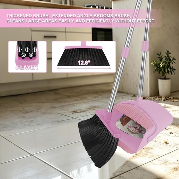 Pink Broom and Dustpan Combo Set, Kitchens & Tight Spaces, Built-in Comb Dustpan - Image 8