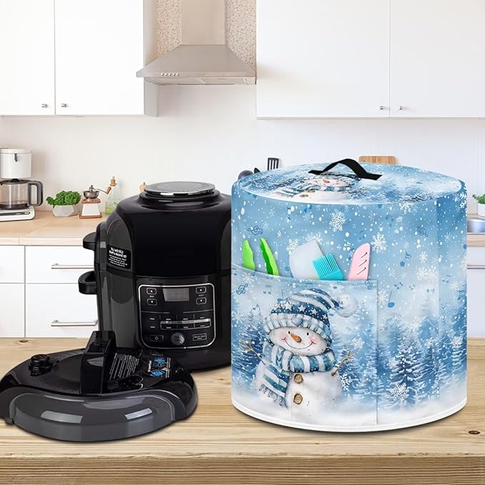 Xoenoiee Blue Christmas Tree Snowman Pattern Kitchen Appliance Dust Covers with Pockets, Electric Pressure Cooker Cover Compatible with Crock Pot, Rice Cooker Cover, for 3 Qt