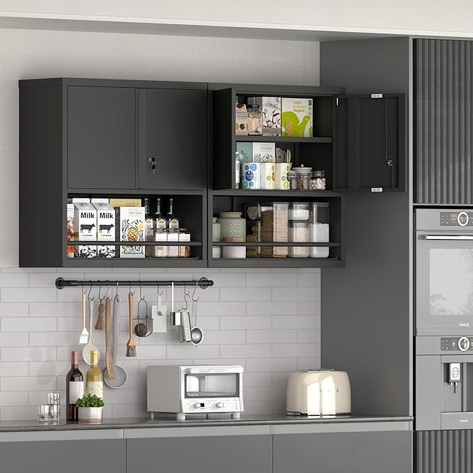 Garage Cabinets,Metal Wall Cabinet with 2 Doors,Lockable Storage Cabinet,Wall Cabinet for Garage,Warehouse,Home Offcie,Black