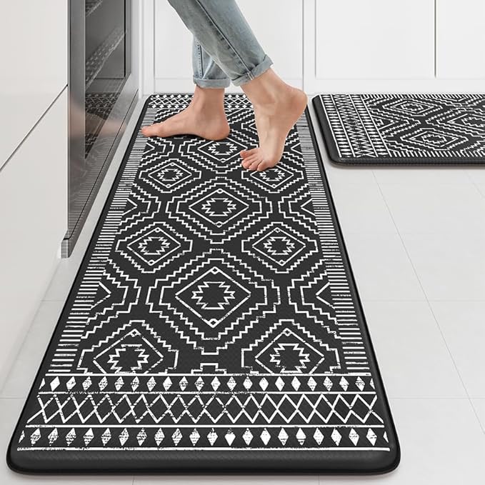 KIMODE Anti Fatigue Kitchen Mat,Black Boho Kitchen Rugs Non Slip Sets of 2,Kitchen mats for Floor Cushioned,Morocco Geometric Memory Foam Cushioned Standing Mats for Sink,Laundry,Office