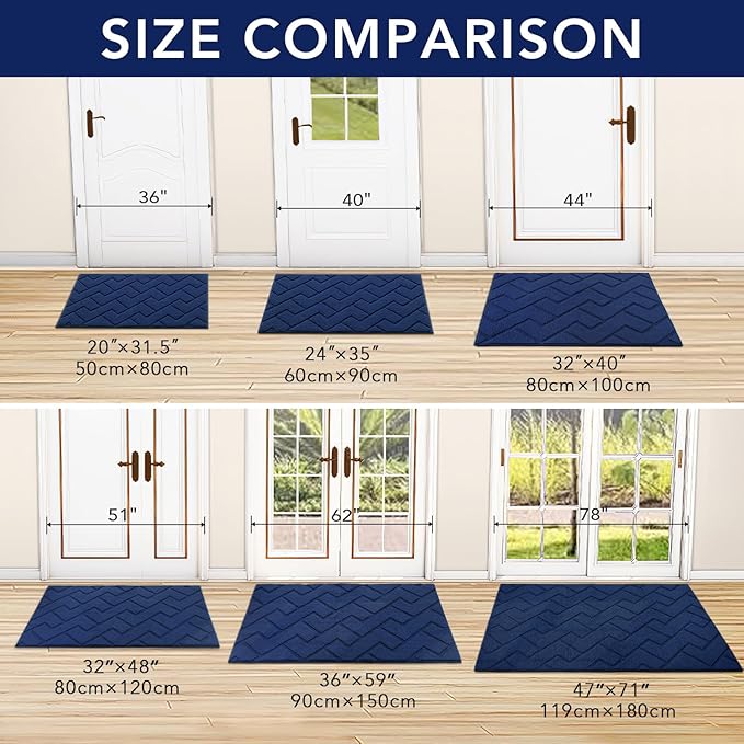 hicorfe Dirt Trapper Indoor Doormat,20"x48" Welcome Door mat,Non Slip Backing Washable Door Mats,Absorbent and Resistant Low-Profile Entrance Inside Floor Mat for Front Back Door,Entryway (Navy Blue)